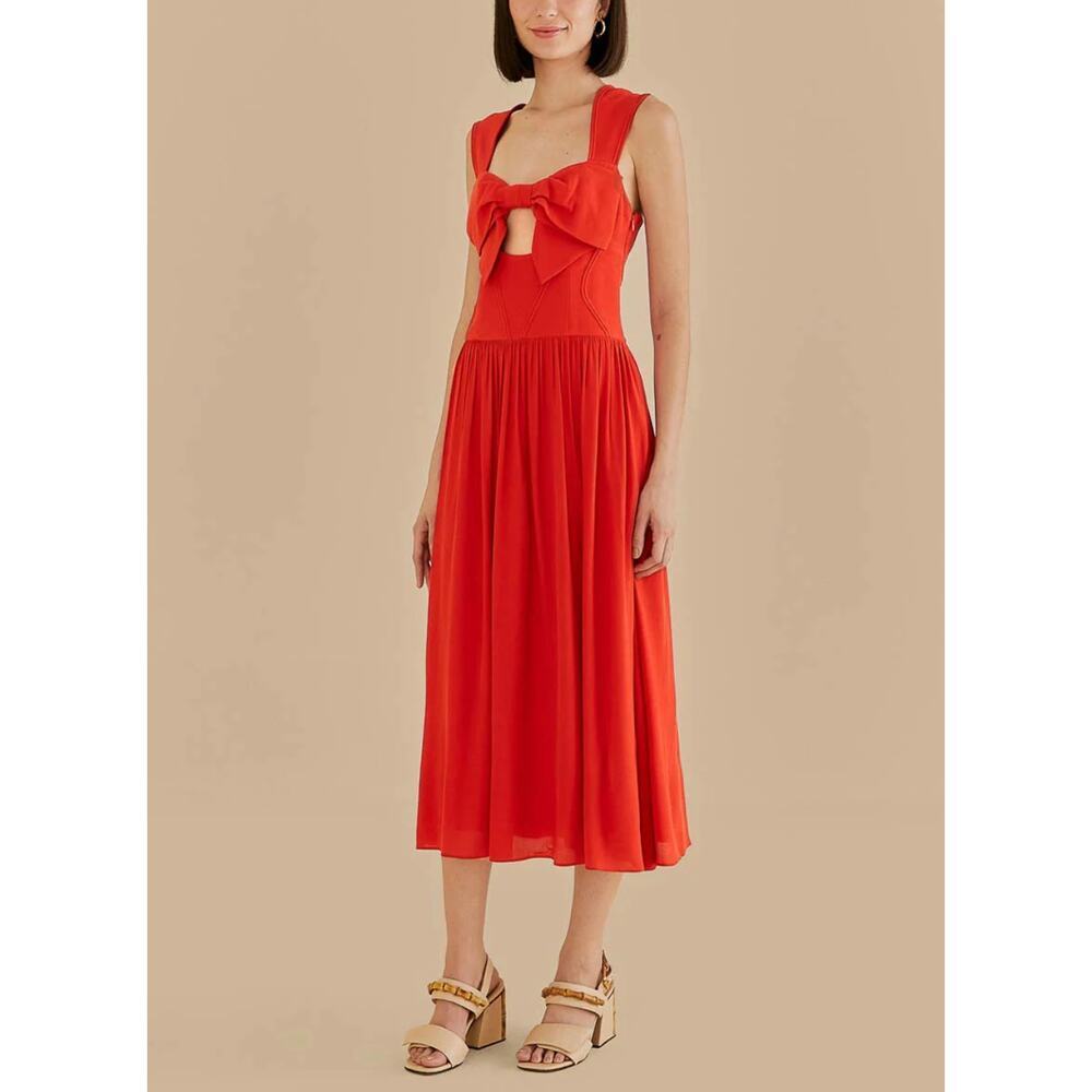FARM RIO Anthropologie Red Bow Detail Midi Dress Sleeveless Sweetheart NWT L